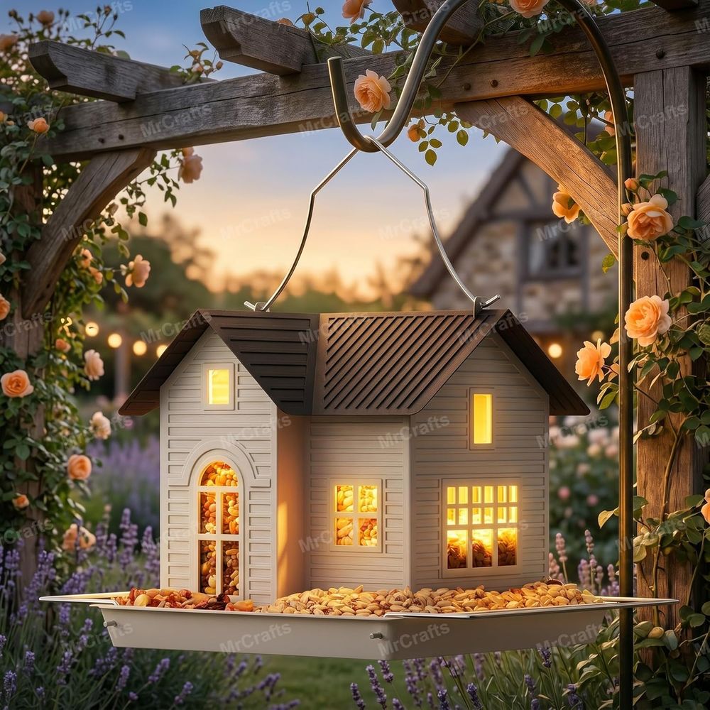 Outdoor Lighting Unique - مغذي طيور معدني معلق مع أضواء،